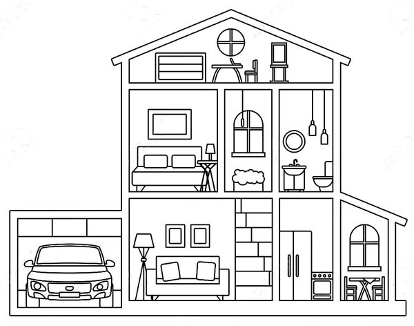 House Inside Easy coloring page for children