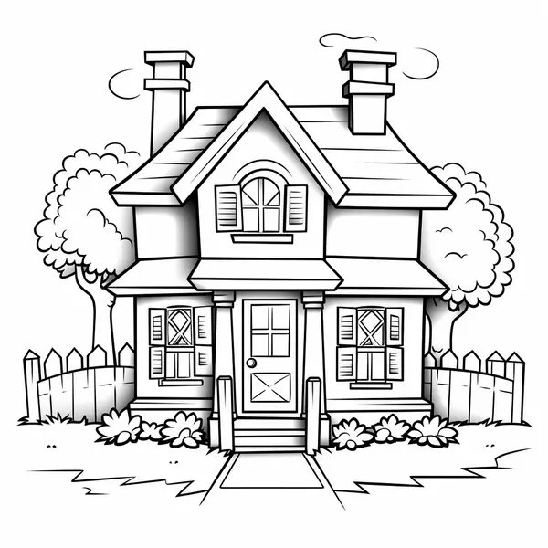 House With Trees And Fence coloring page for children