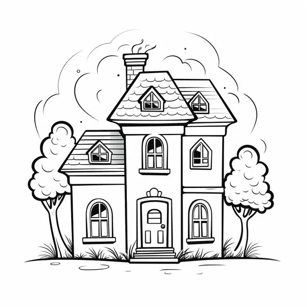 House With Trees And Many Windows coloring page for children