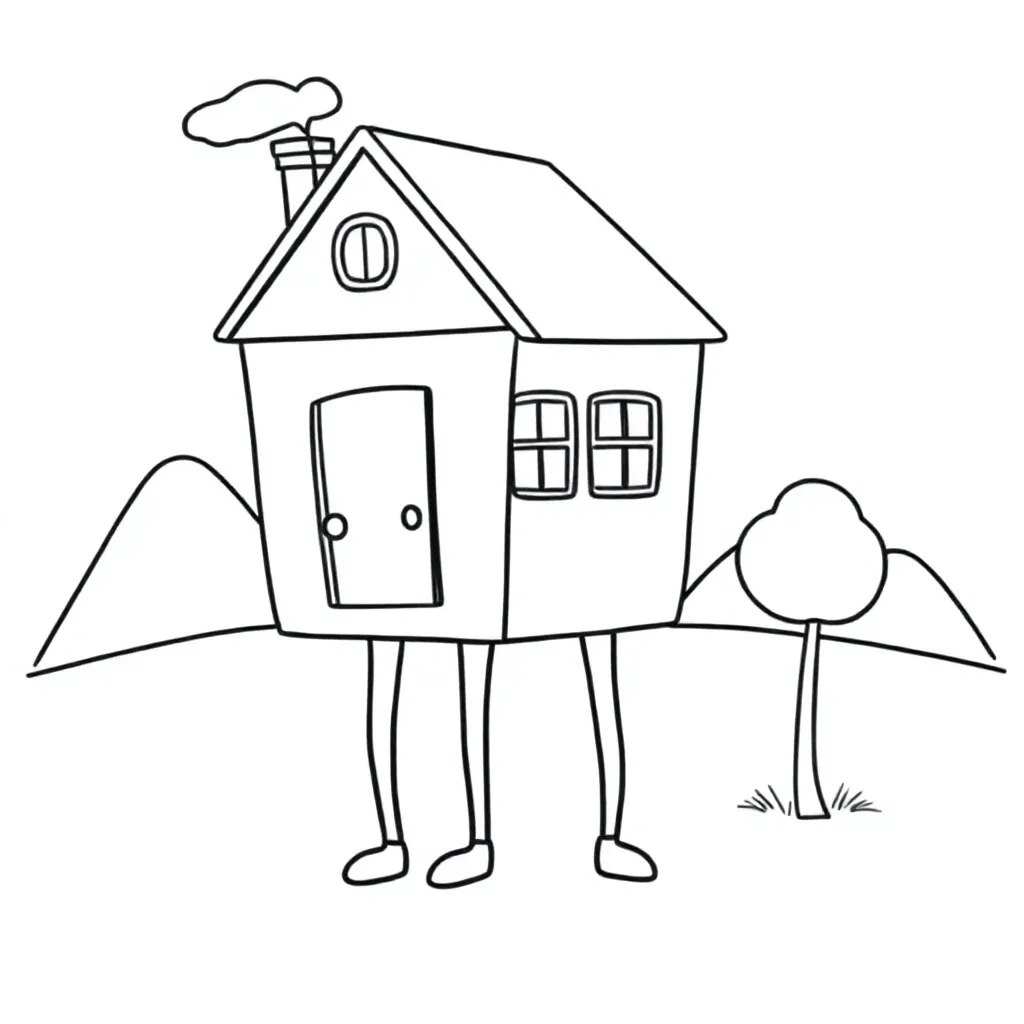 Plantilla de colorear de paisaje, casa, patas, figuras, para niños.