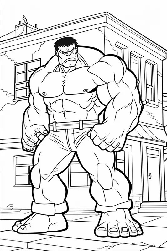 Feuille de coloriage Hulk Devant un Bâtiment