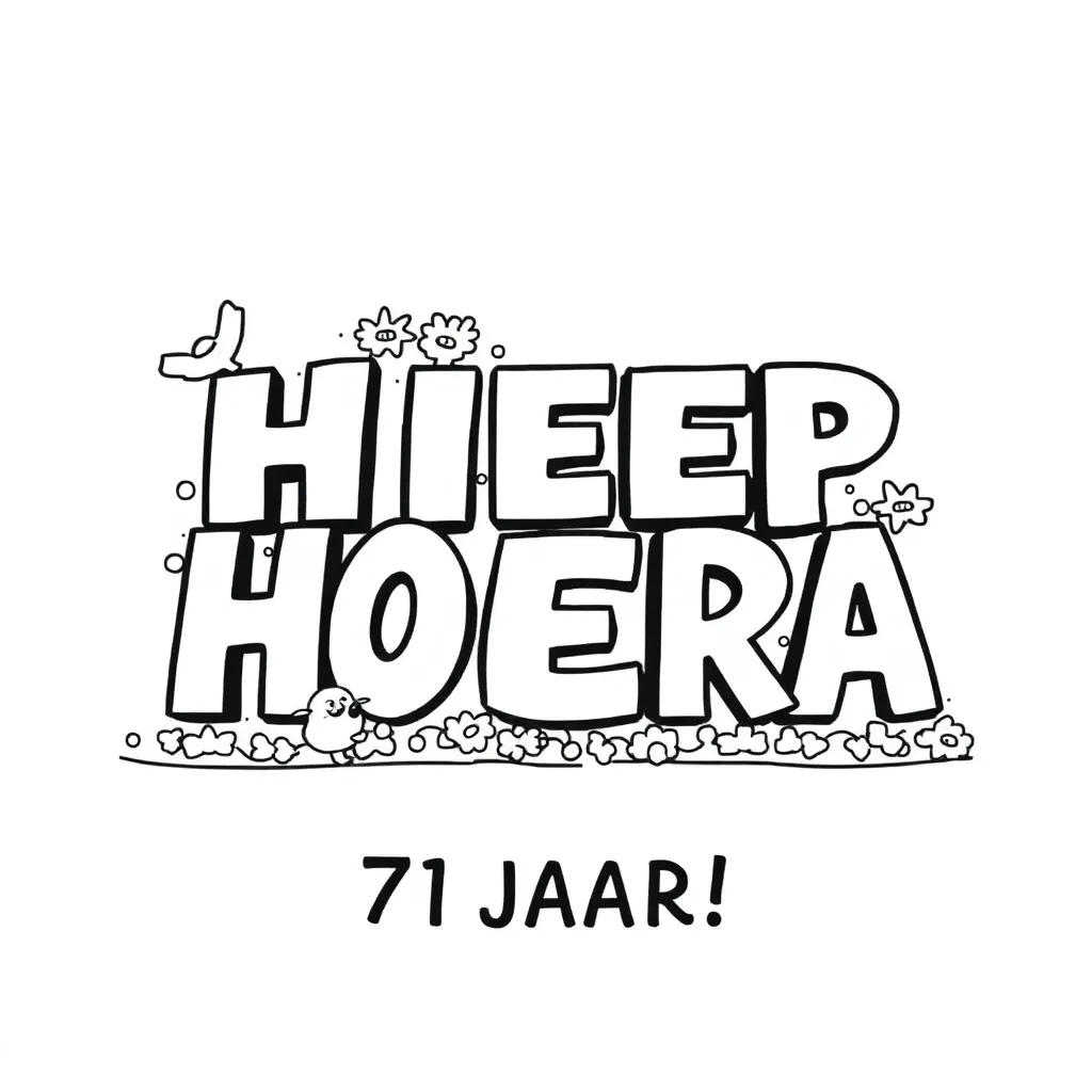 In grote cijfer en letters HIEP HIEP HOERA, RIA 71 JAAR!