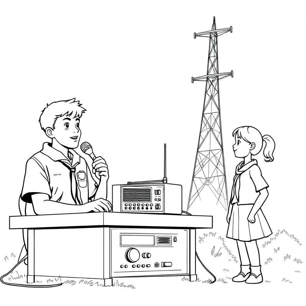 Jamboree on the internet en Jamboree on the air met radio met scouts en zendmast coloring page for c