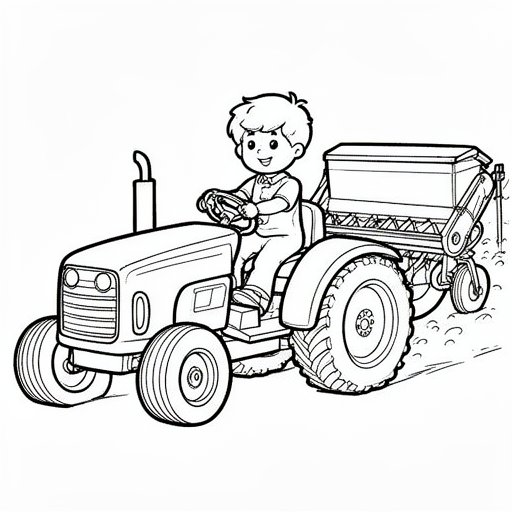 jongen op traktor met zaaimachine kleurplaat voor kinderen