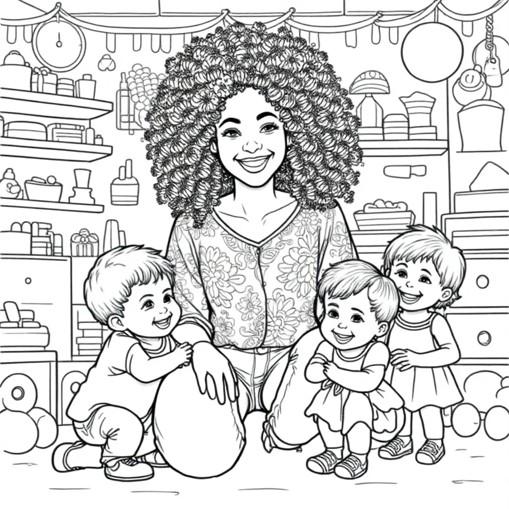 Jongevrouw 25 Jaar Met Kroeshaar Omringd Door Een Drietal... coloring page for children
