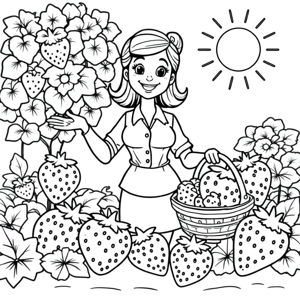 juf met aardbeien kleurplaat voor kinderen