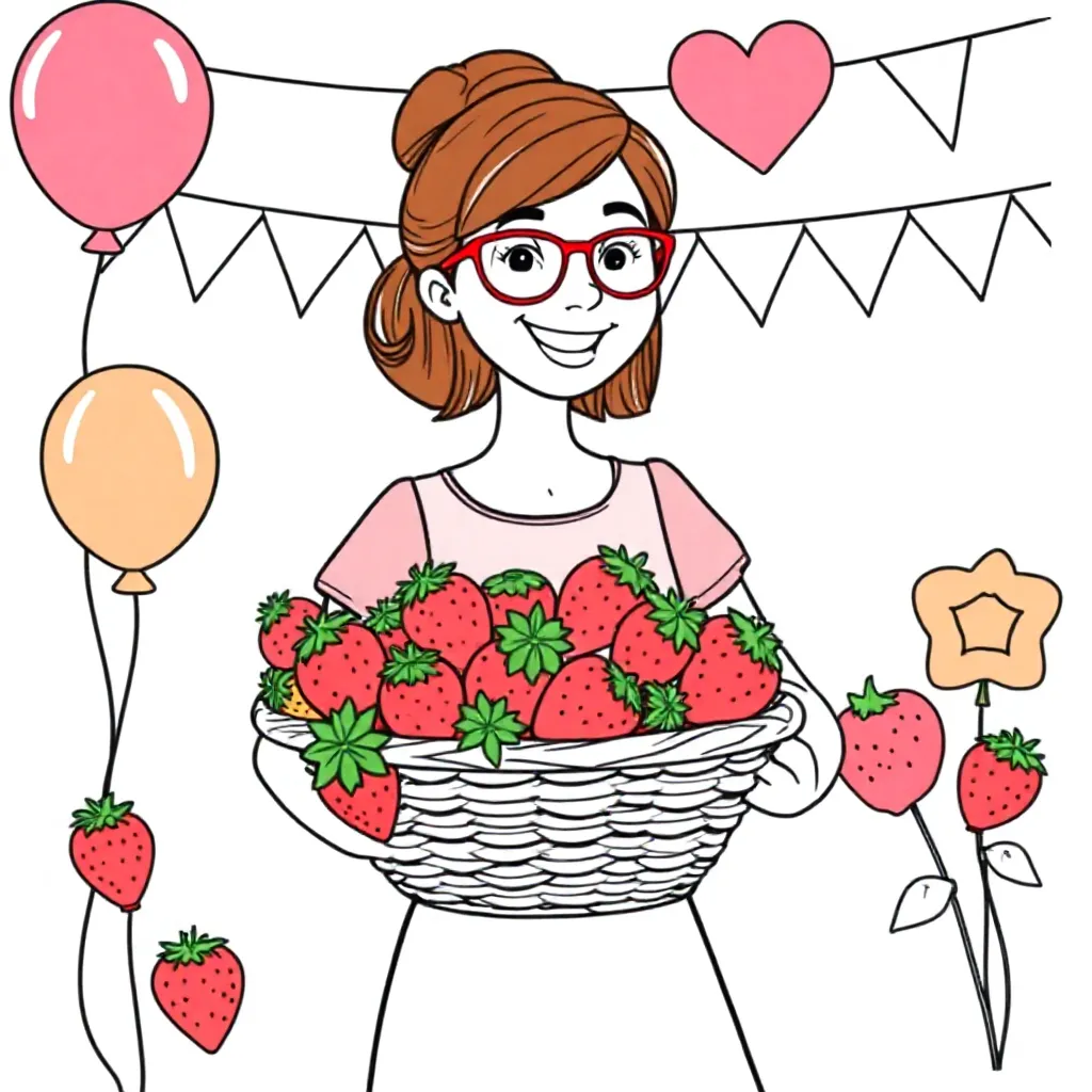 Juf met mand aardbeien en feestversiering kleurplaat voor kinderen