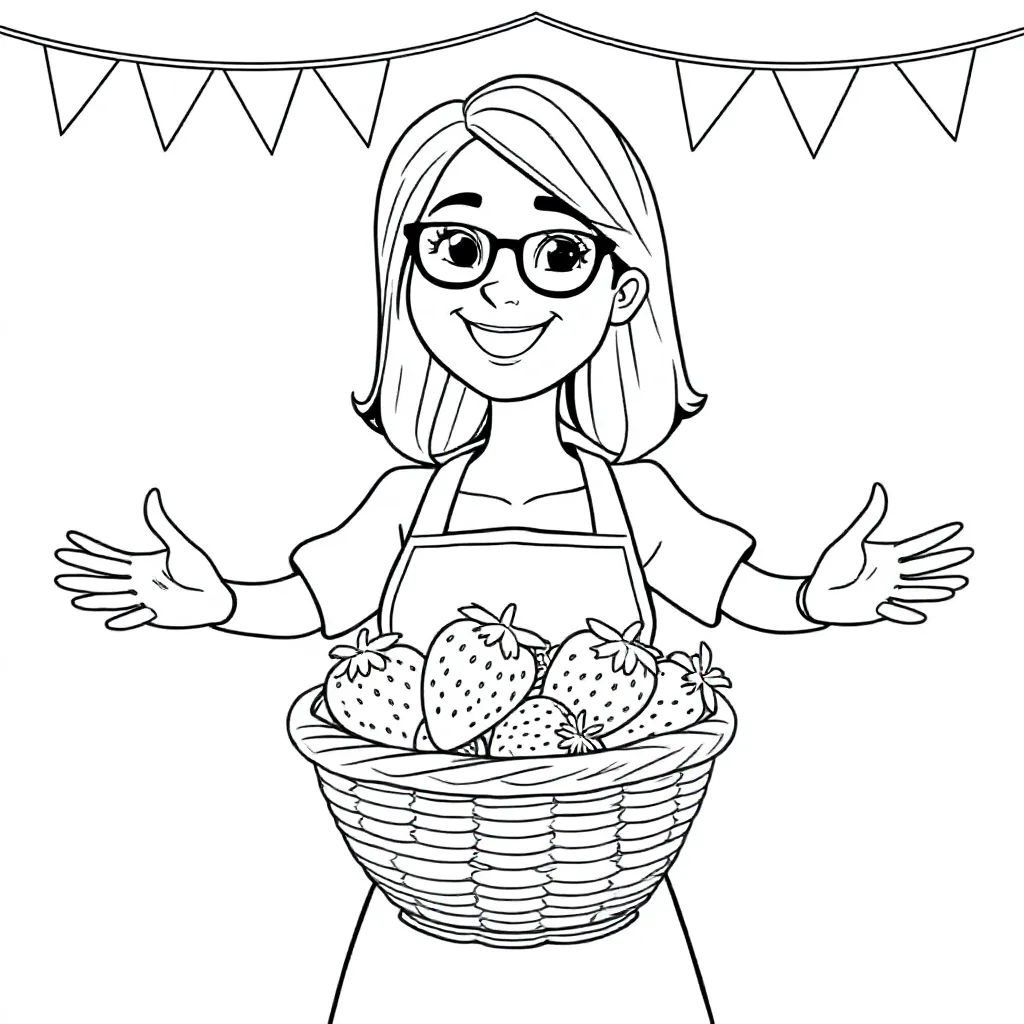 Juf zonder bril met mand met aardbeien en feestversiering zwart-wit kleurplaat voor kinderen
