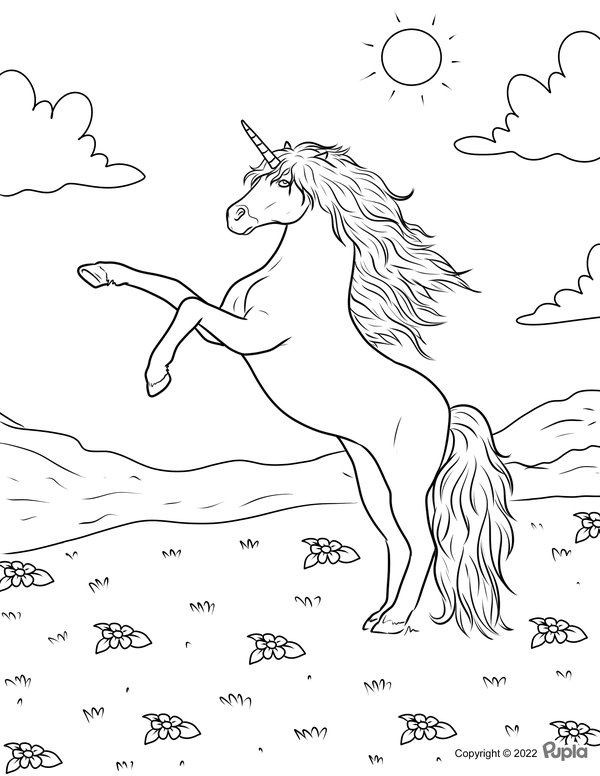 Jumping Unicorn Grass coloring page for children