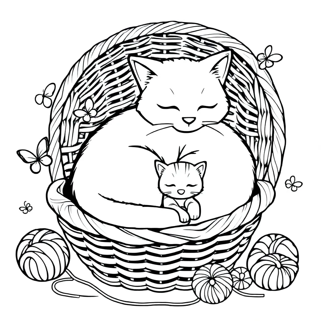 Plantilla de colorear de gato y gatito en cesta para niños