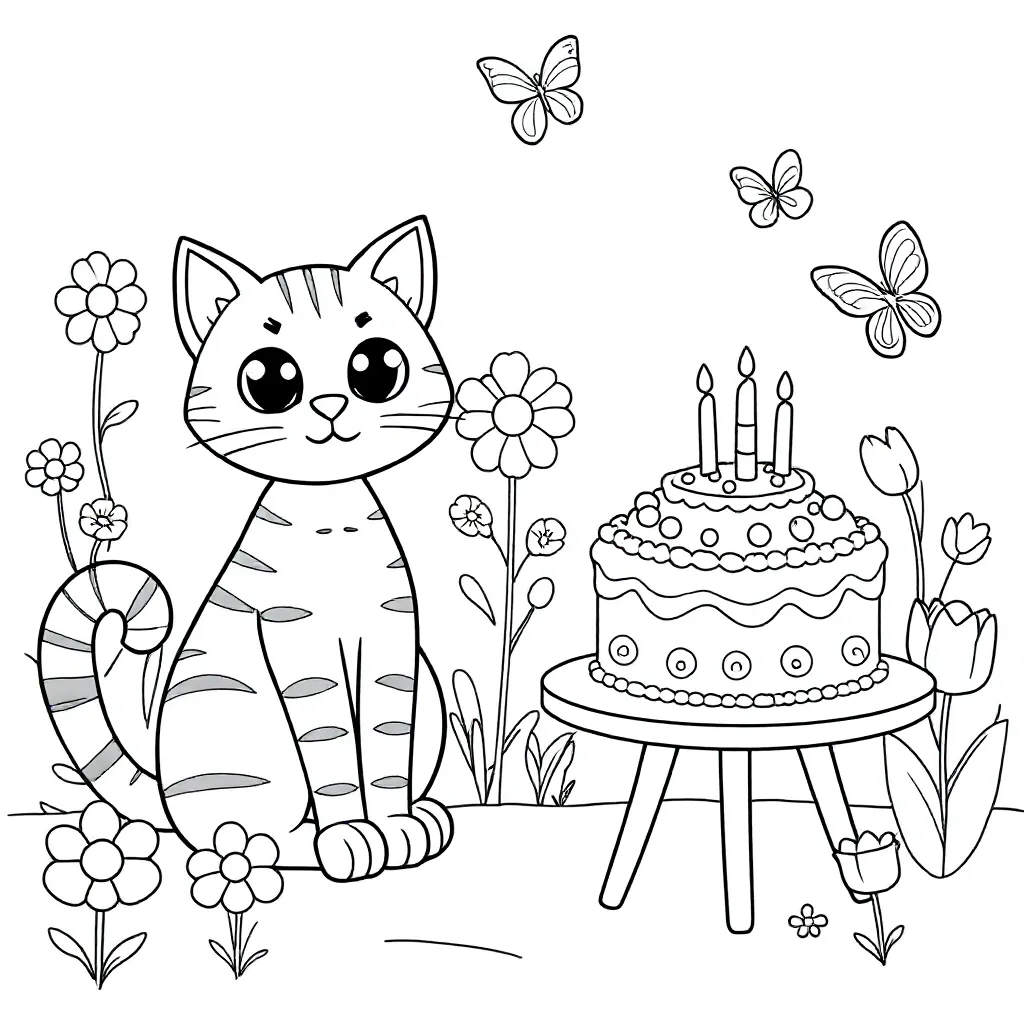 kat en taart kleurplaat voor kinderen