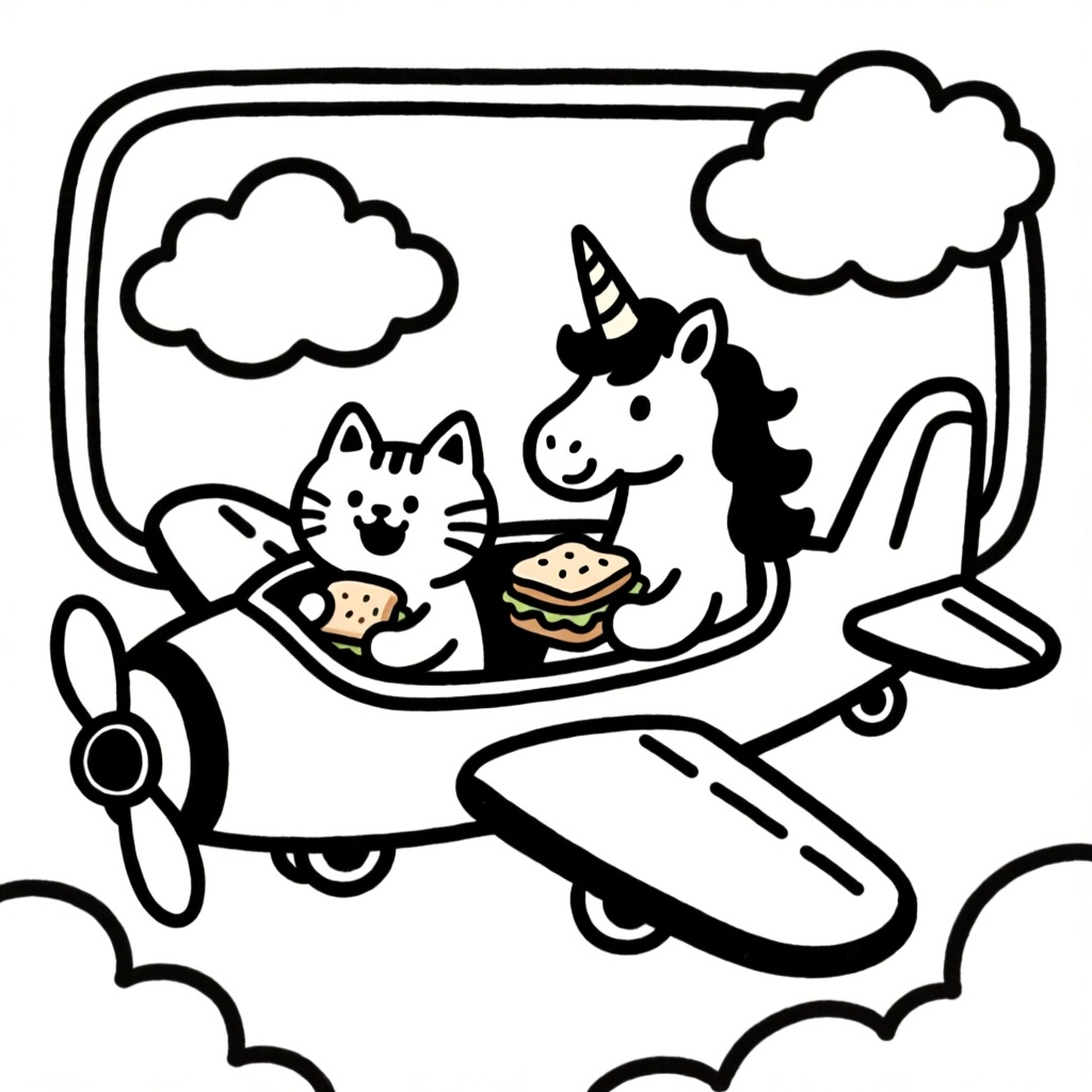 Kat en unicorn in vliegtuig met broodje eten coloring page for children