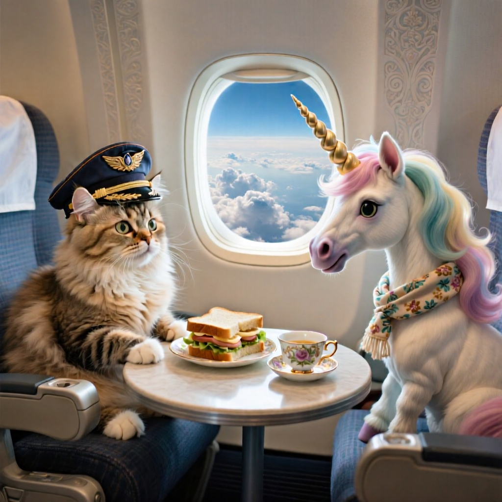 Kat en unicorn in vliegtuig met broodje eten coloring page for children