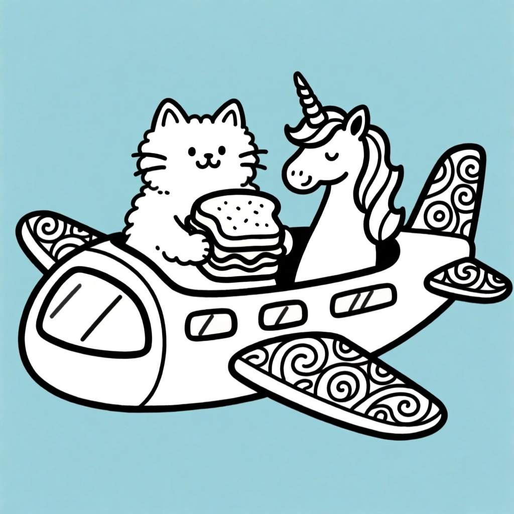 Kat en unicorn in vliegtuig met broodje eten coloring page for children