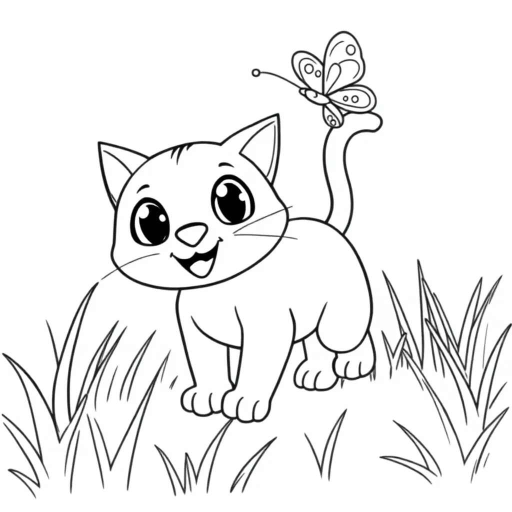 Feuille de coloriage gratuite Chat dans l'herbe jouant avec un papillon  Feuille de coloriage