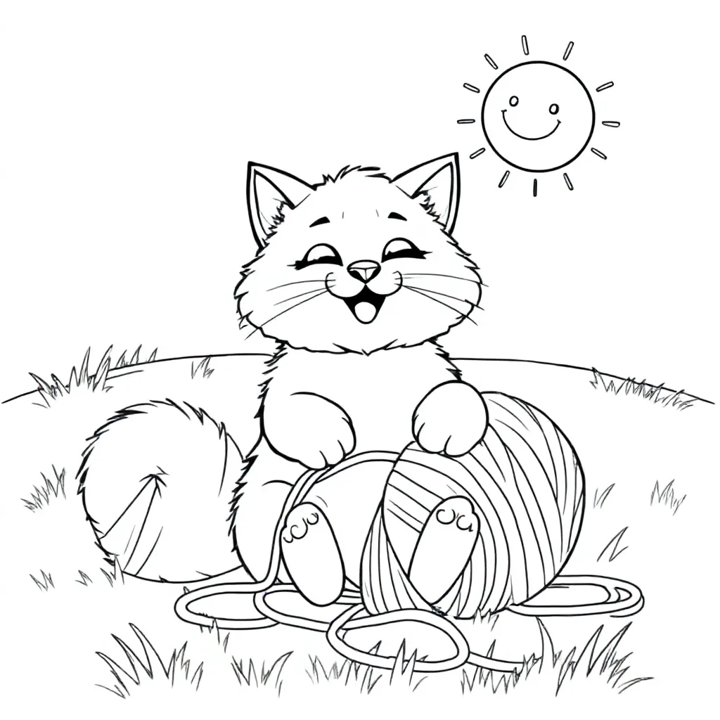 kat met bolletje wol in een wei kleurplaat voor kinderen