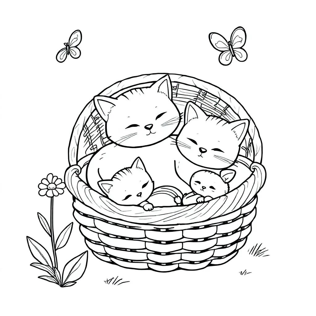 Coloring page of a cat with kittens in a basket for children