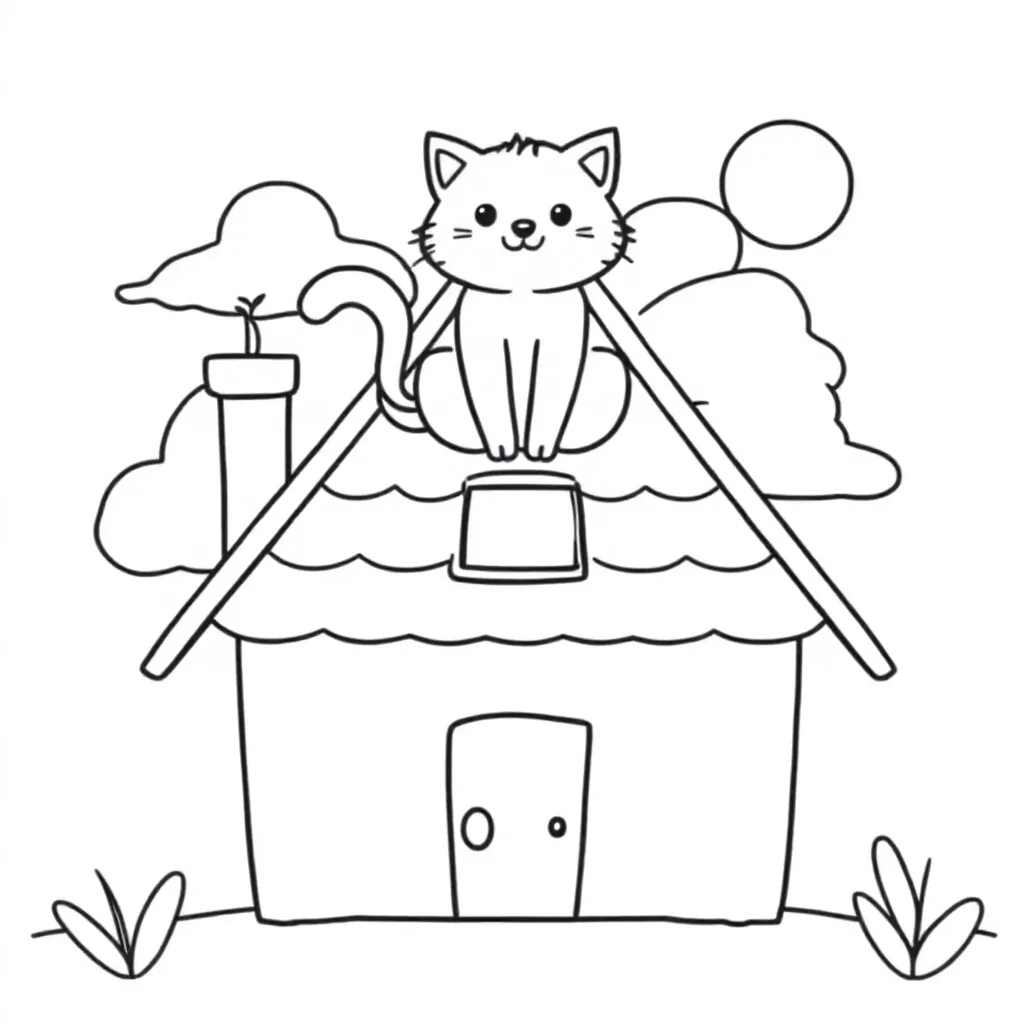 een kat op het dak van een huis kleurplaat voor kinderen