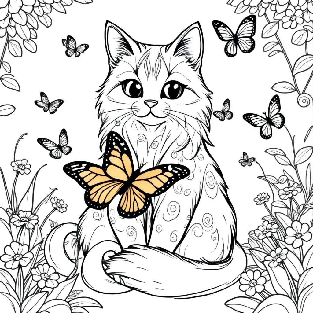 Feuille de coloriage gratuite chat, papillons Feuille de coloriage pour enfants