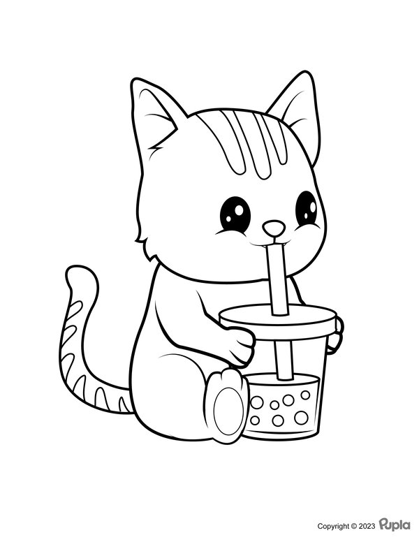 Coloring Page: Katze Drinks Bubble Tea