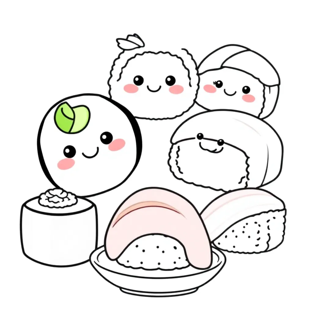 kawai sushi kleurplaat voor kinderen