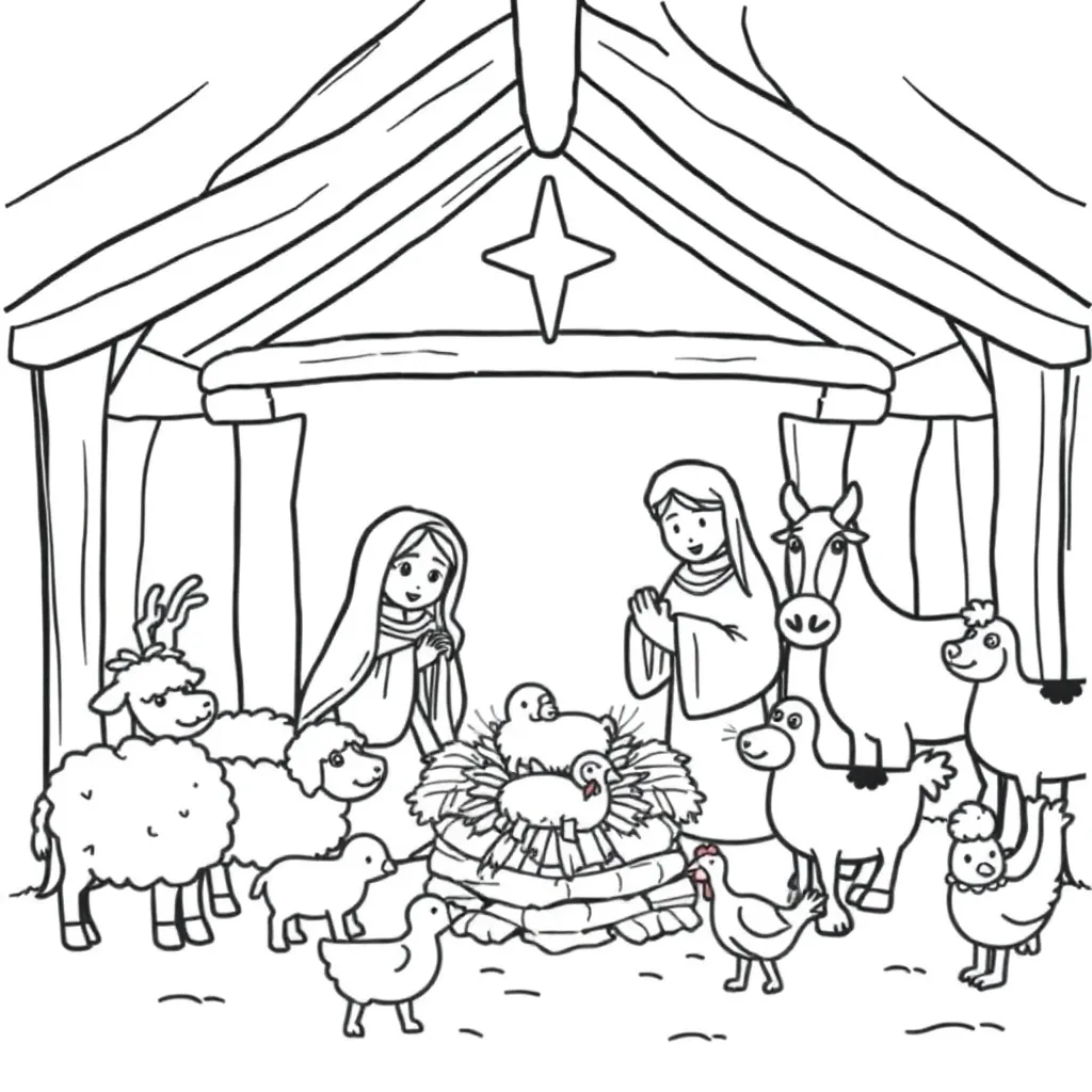 Kerst Geboorte Jezus Kerststal Dieren Cartoonesk coloring page for children