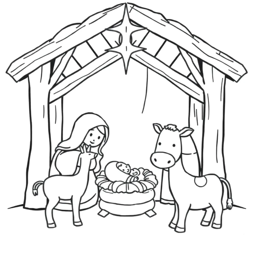 Kerst Geboorte Jezus Kribbe Stal Cartoonachtig coloring page for children
