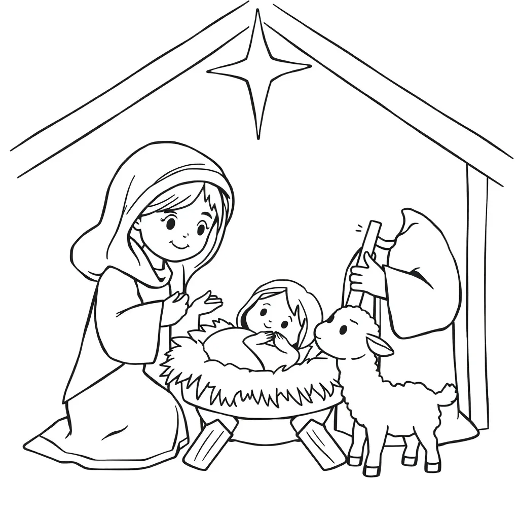 Kerst Kribbe Geboorte Jezus Traditioneel Cartoonesk coloring page for children