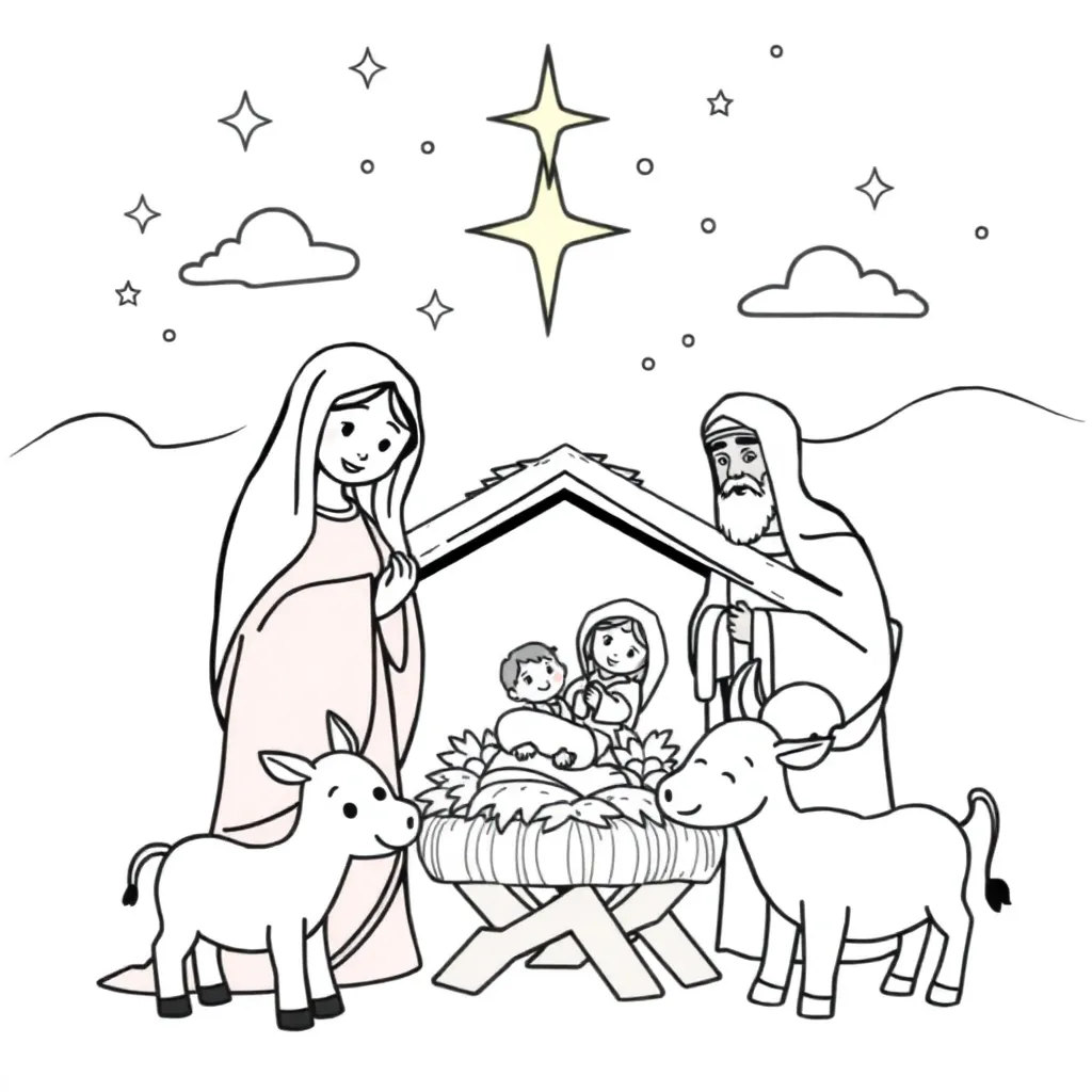 Kerst Nativity Scene Traditioneel Cartoonesk Educatief coloring page for children