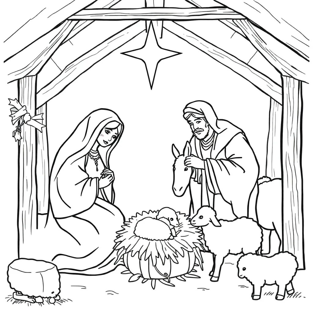 Kerst Traditioneel Realistische Stijl Moeder En Kind Stal coloring page for children