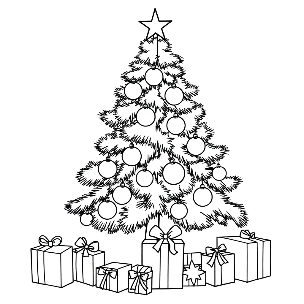 Feuille de coloriage Arbre de Noël gratuit, Ballons, Cadeaux, Festif, Saisonnier