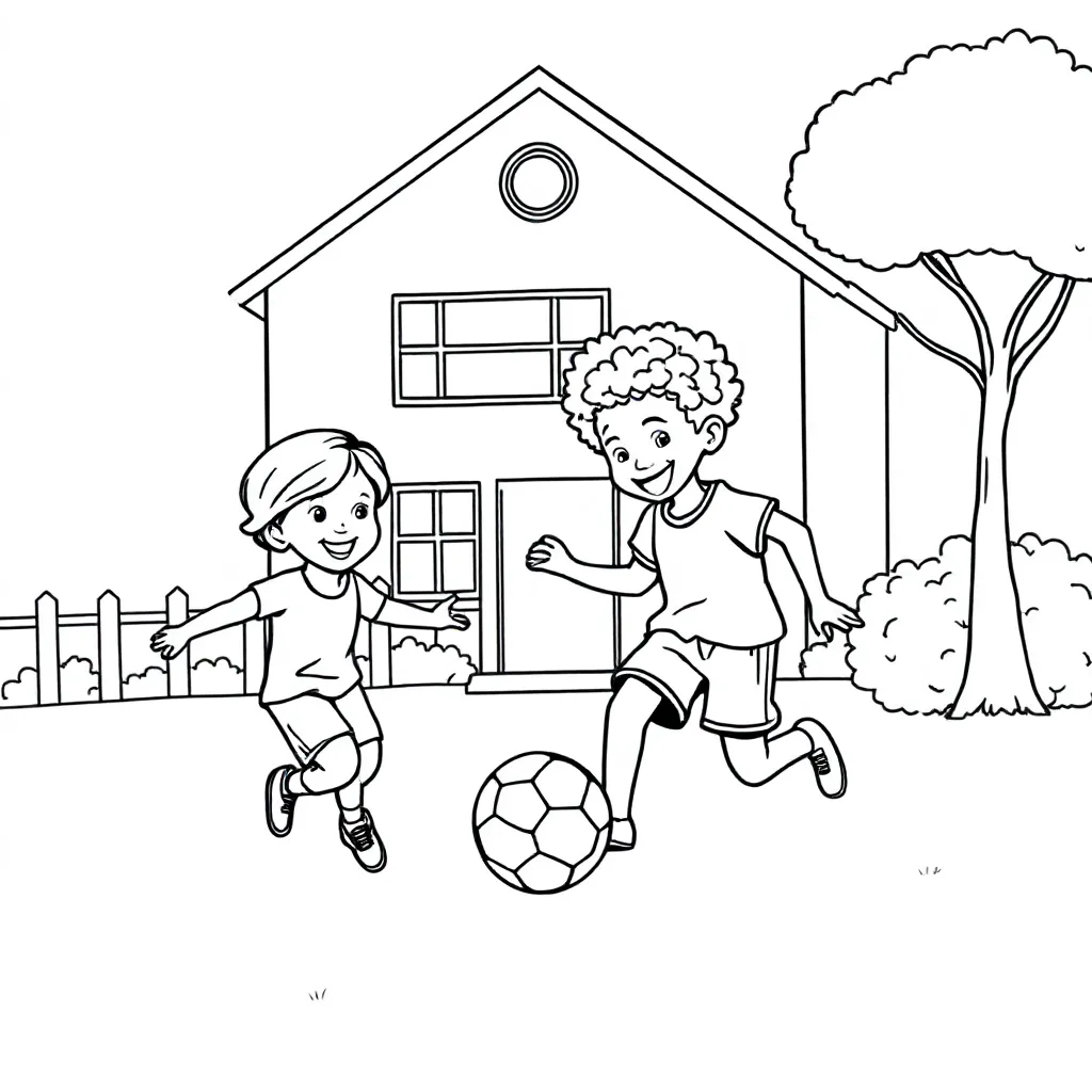 Kinder aus Europa und Afrika spielen zusammen in der Nähe eines Schulgebäudes kleurplaat voor kinder