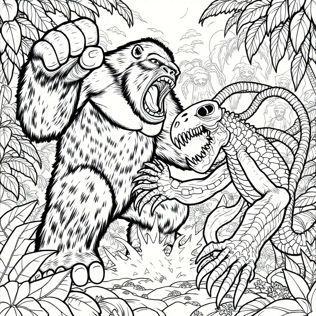king kong vechten met skull crwaler kleurplaat voor kinderen