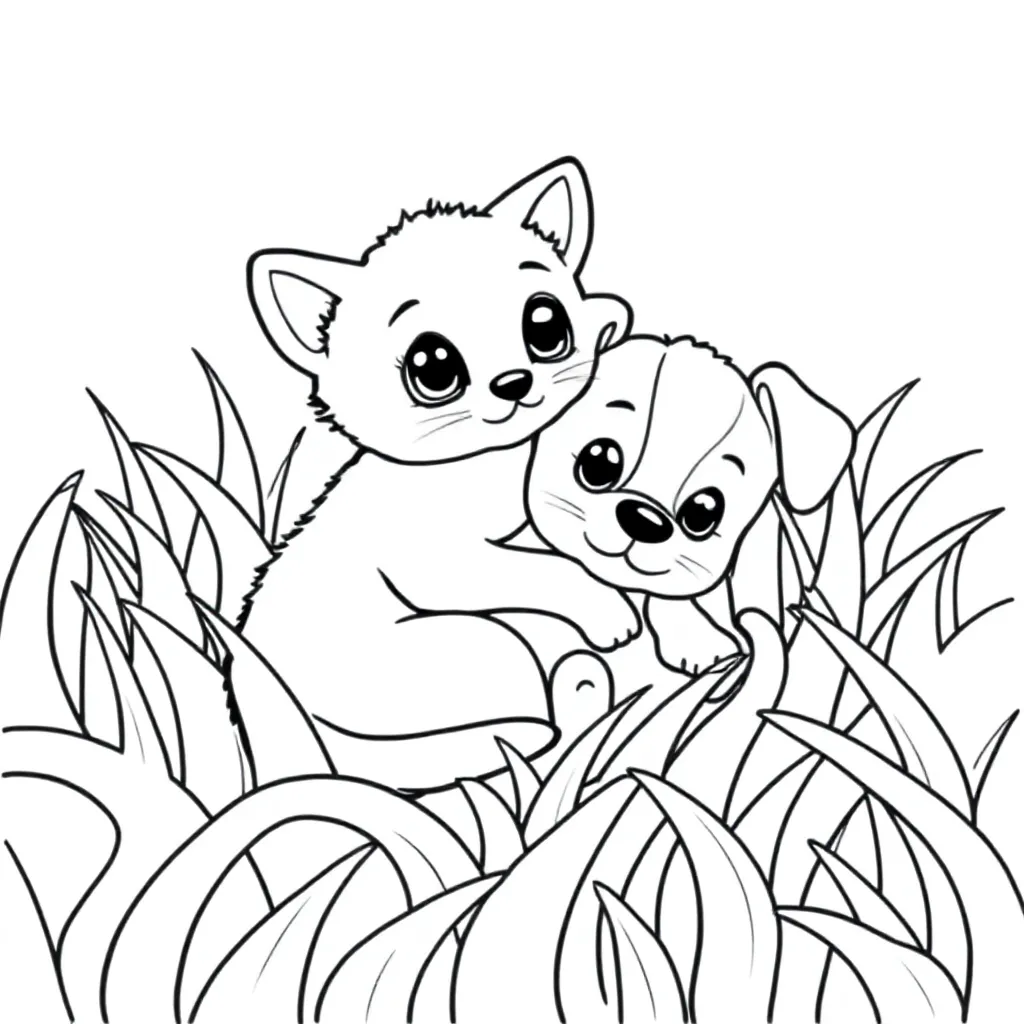 Feuille de coloriage gratuite : Chaton et chiot dans l'herbe. Feuille de coloriage pour...
