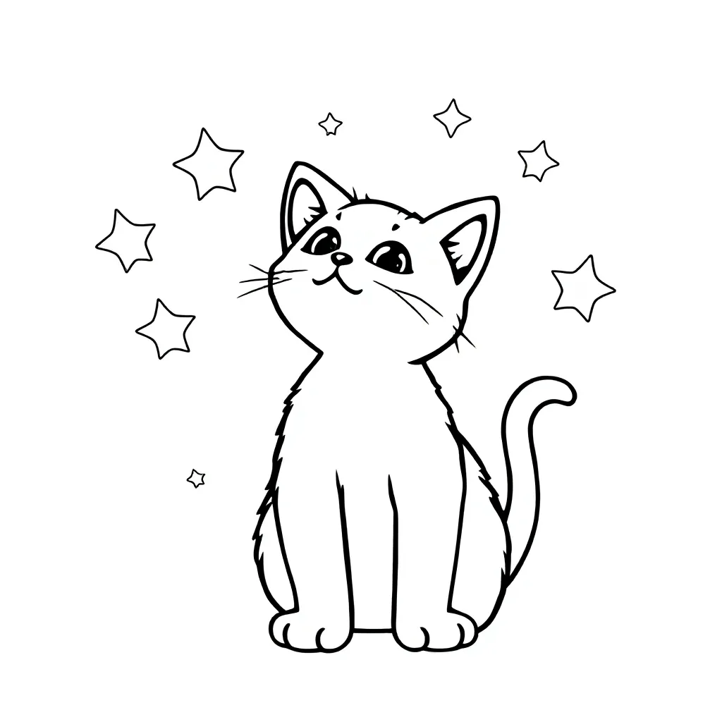 Kitten Met Cartoon Sterren In De Lucht coloring page for children