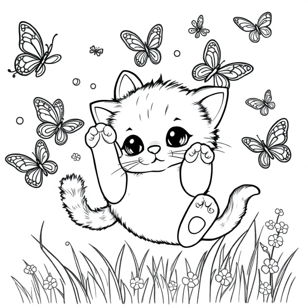 Feuille de coloriage gratuite Chaton avec papillons volants Feuille de coloriage pour enfants