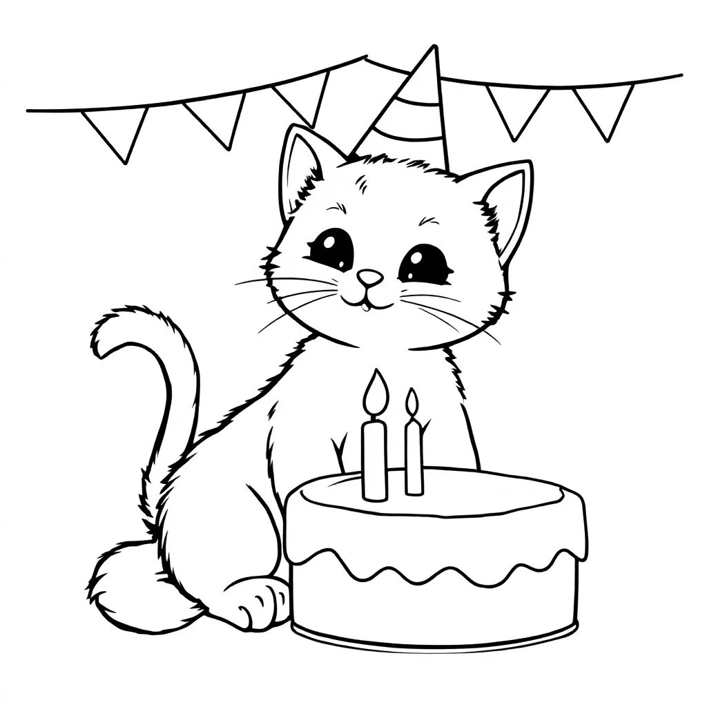 Kitten verjaardag coloring page for children