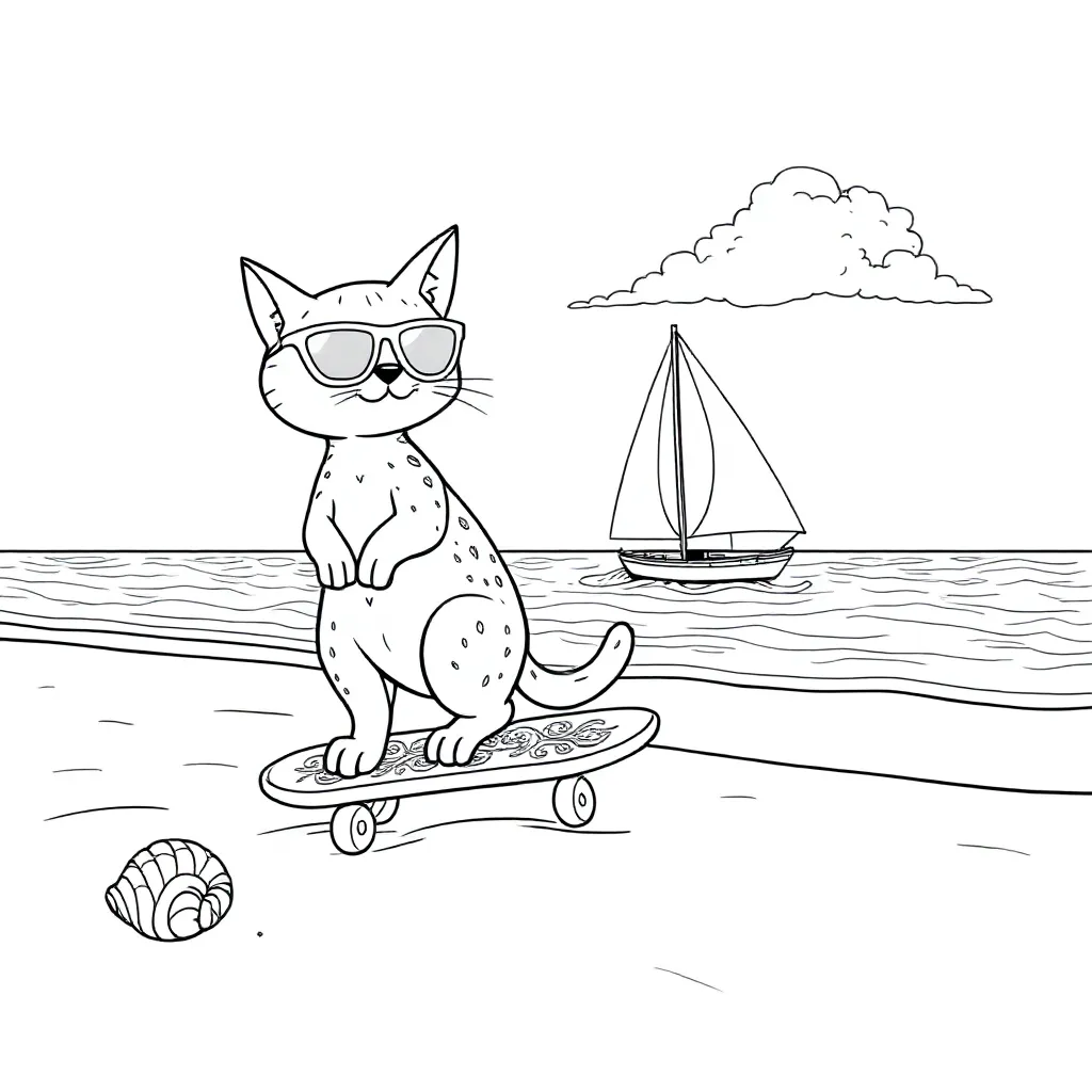 poes aan het strand op een skateboard met zeilboot op de achtergrond coloring page for children