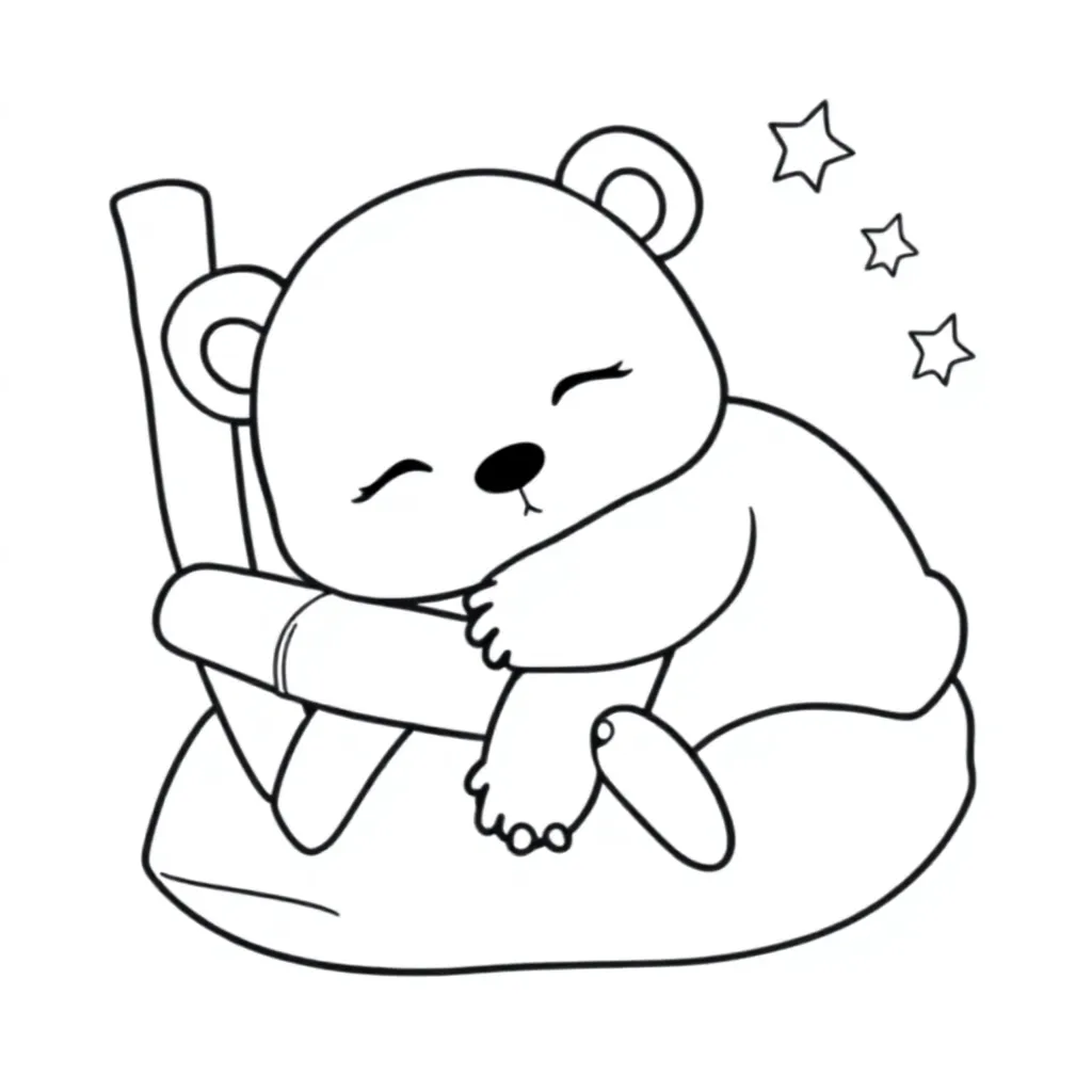 Panda dormido abrazando bambú y en una almohada con estrellas alrededor coloring page for children