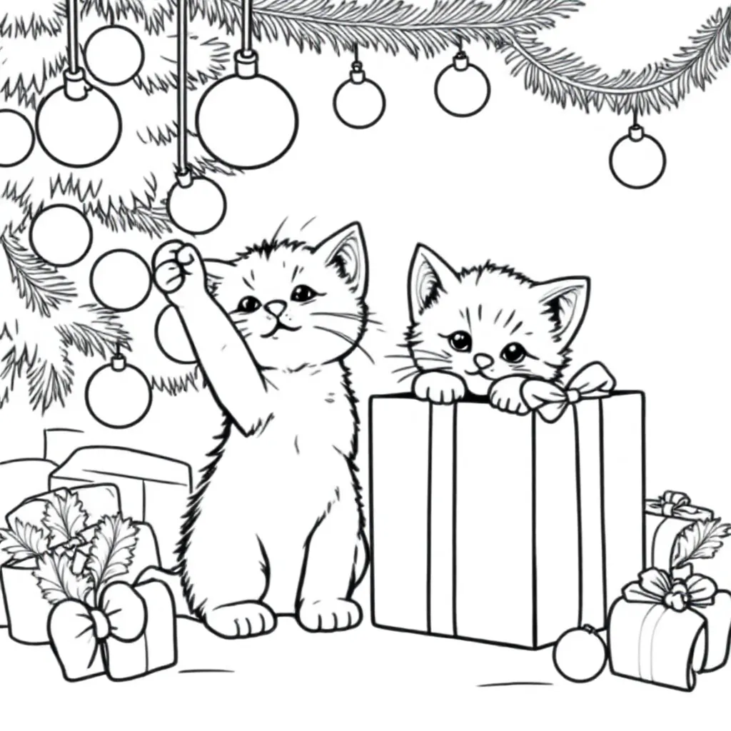 christmas kittens coloring page for children