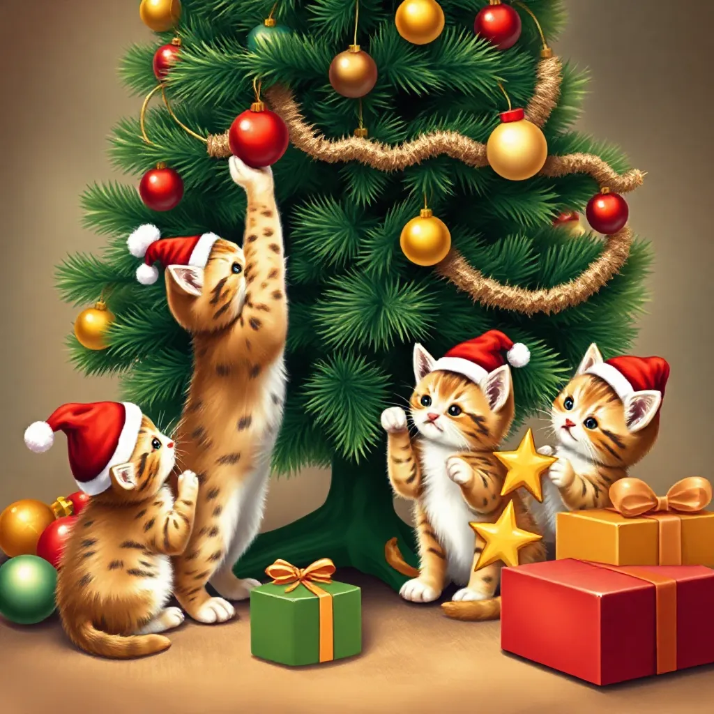 kittens wearing christmas hats and decorating the christmas tree coloring page for children