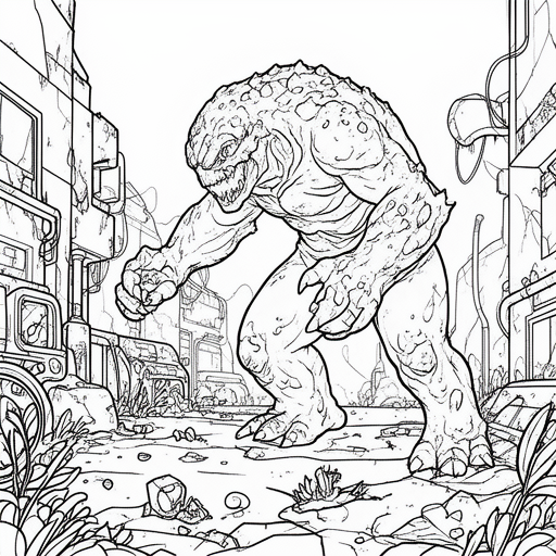 „Zeichne ein realistisches Ausmalbild eines Monsters, das in einem verlassenen Industriegebiet lauer