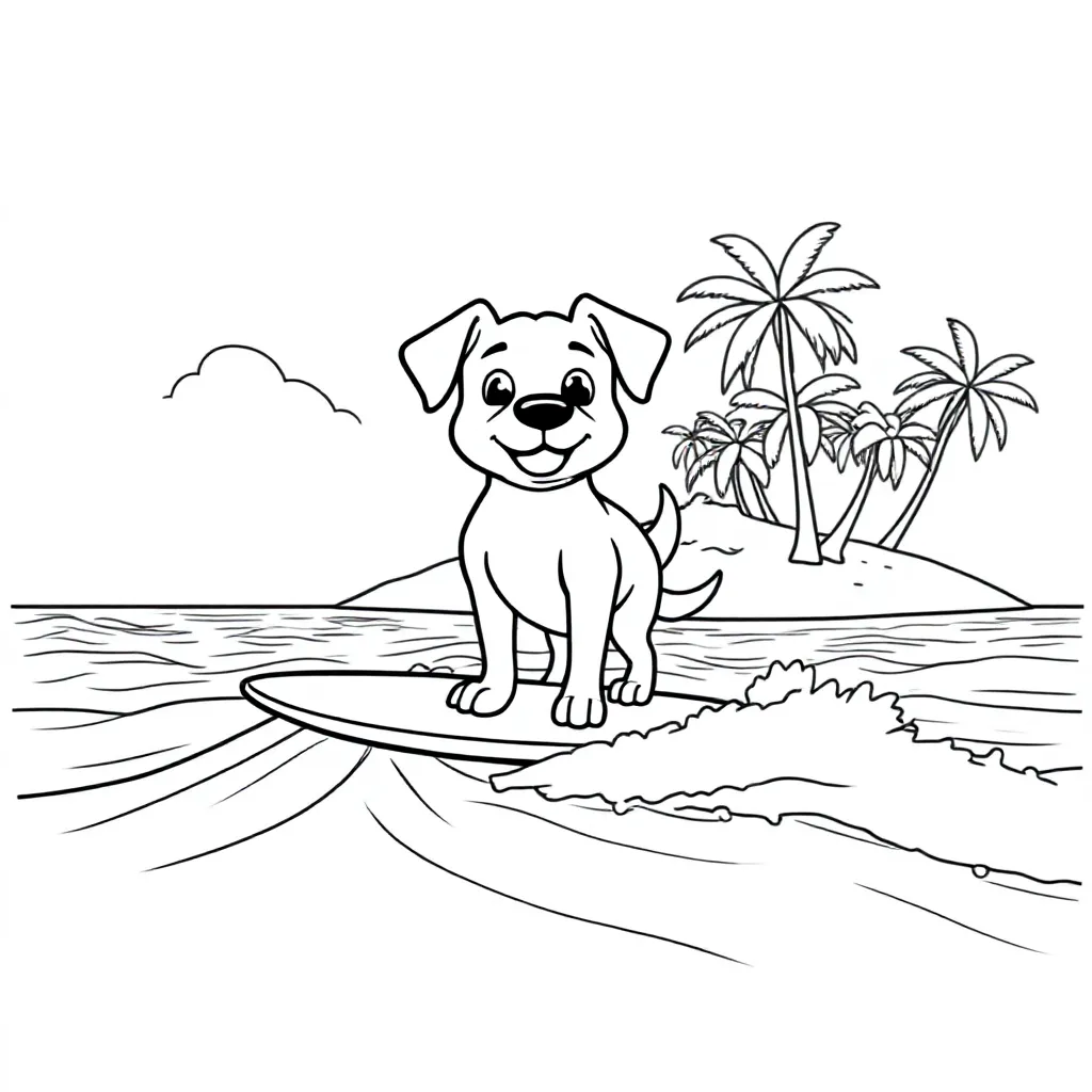 Hond Die Op Een Surfplank Staat Op Zee En Op De Achtergrond Een Tropisch Eiland coloring page for ch