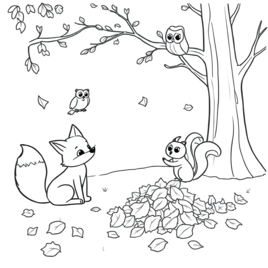 kleurplaat met dieren die met herfst te maken hebben en dan in een bos met vallende bladeren colorin