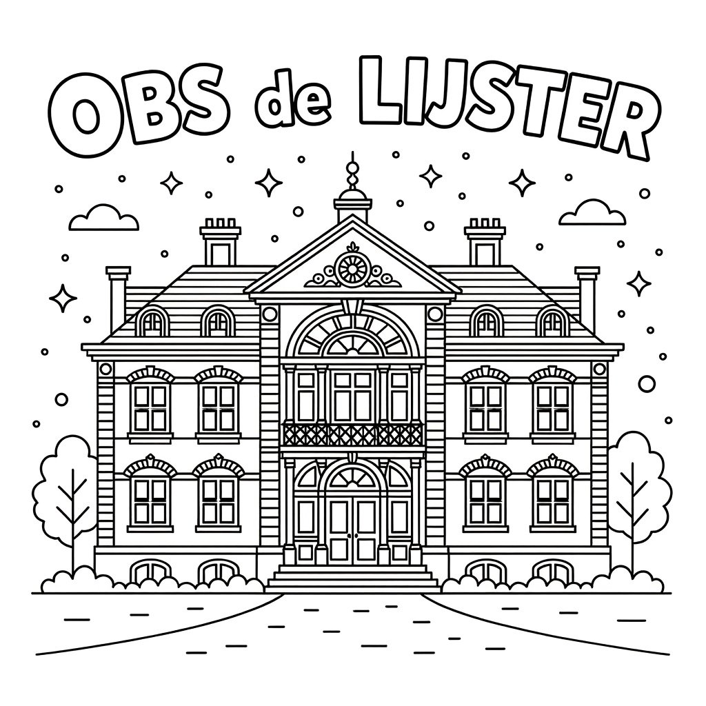 Ilustración detallada y ornamentada, edificio escolar, para colorear niños.