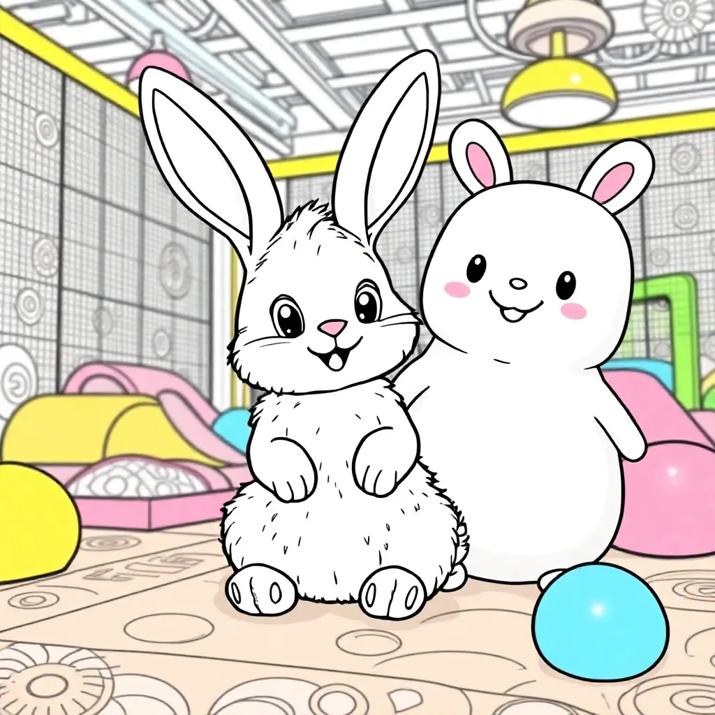 konijntje en squishmellow in de binnenspeeltuin kleurplaat voor kinderen