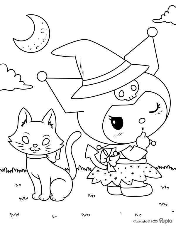 Kuromi In Halloweenkleding Met Een Kat coloring page for children