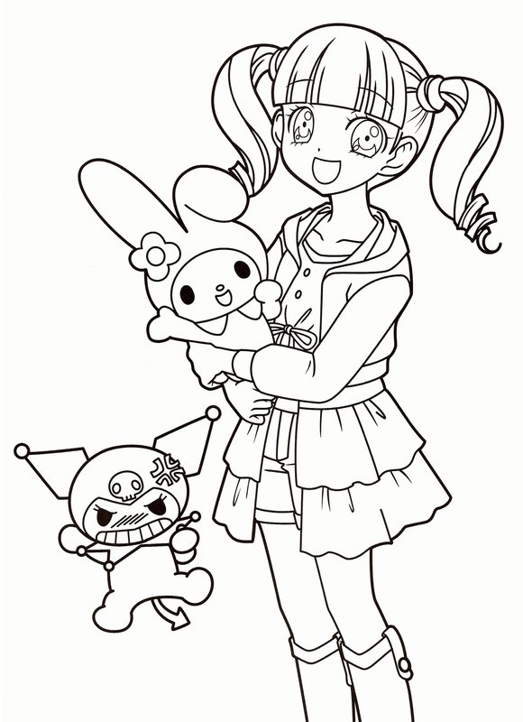 Kuromi, My Melody & Girl coloring page for children
