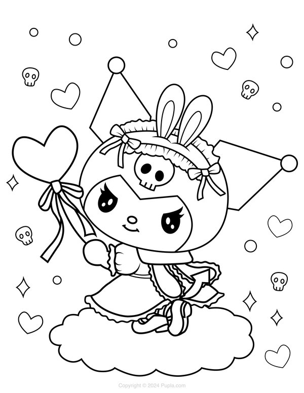 Kuromi sostiene un corazón coloring page for children