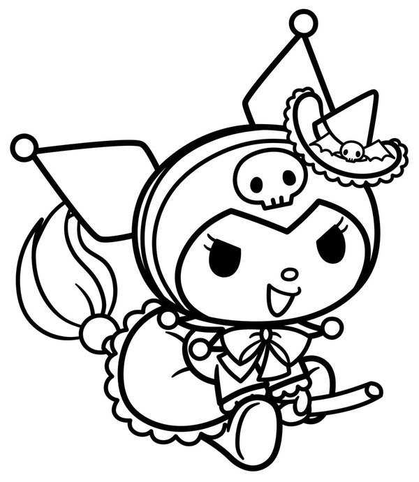 Kuromi volando sobre una escoba coloring page for children